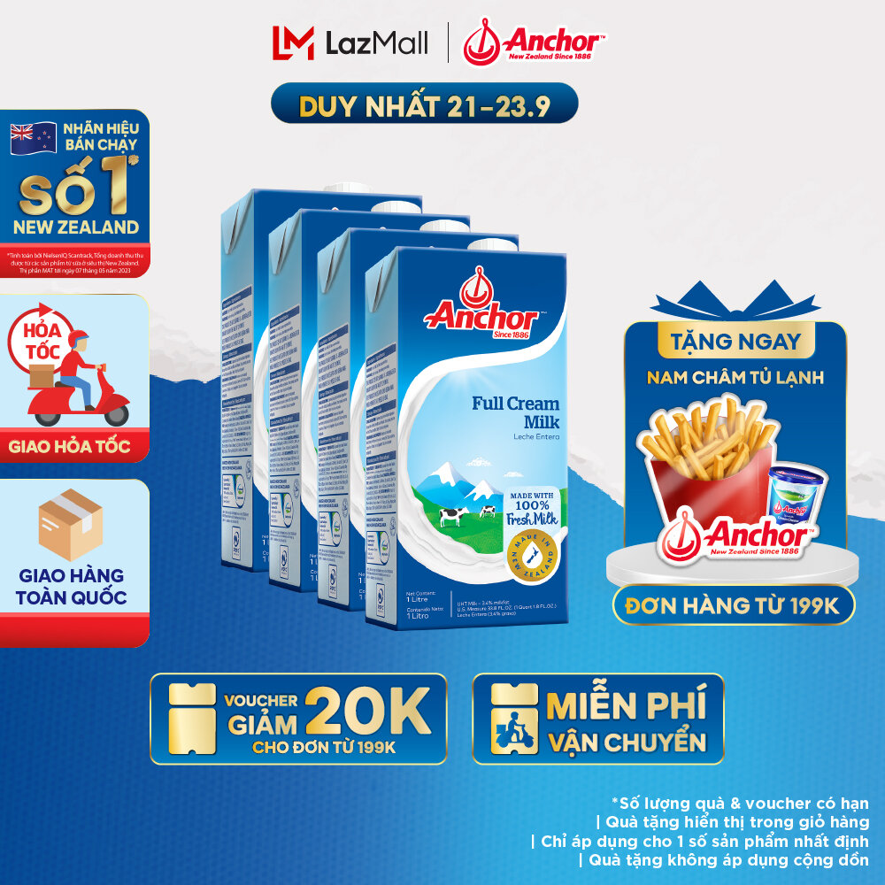 [GIAO HÀNG HỎA TỐC - HCM] Combo 4 Sữa Tươi Tiệt Trùng Anchor Nguyên Kem Hộp 1 Lít