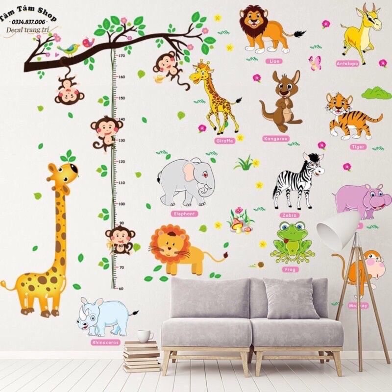 Decal dán tường cho bé thước đo hươu và con vật