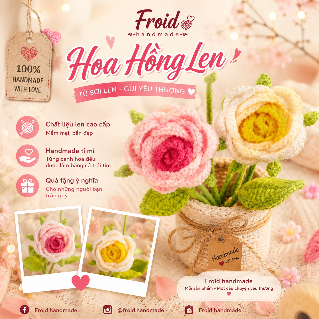 Hoa hồng cuộn cánh 3 màu bằng len | Froid handmade