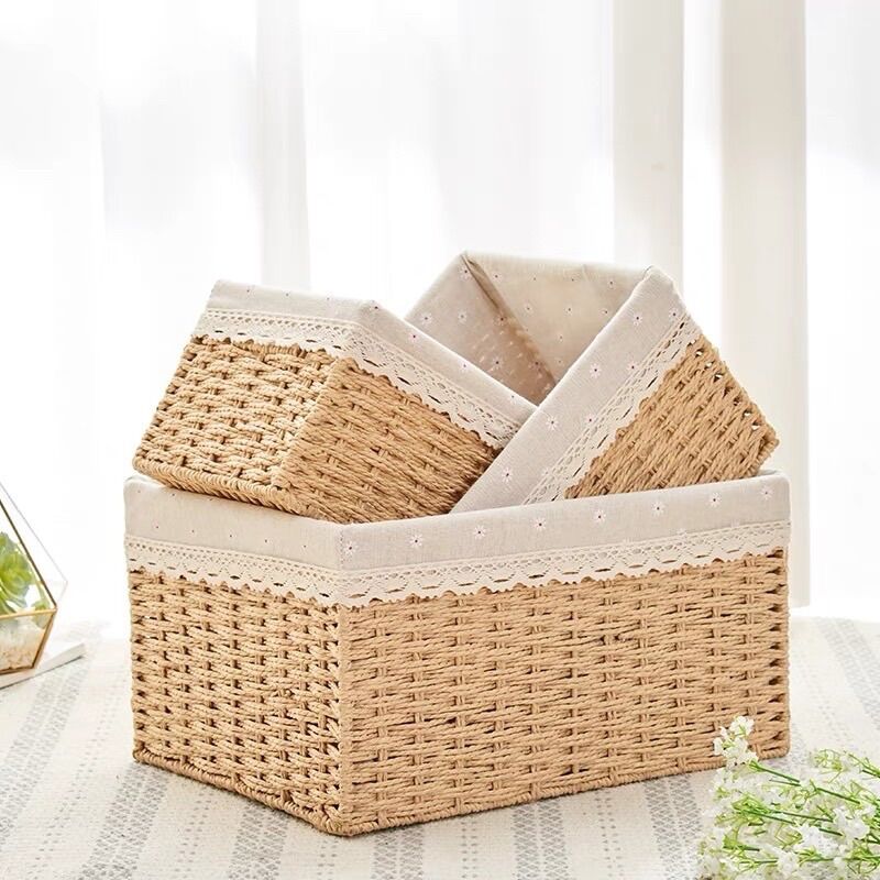 Giỏ mây to thủ công đựng đồ có lót vải hoa, đựng mỹ phẩm, đựng quần áo, đồ lót, đựng đồ gia dụng