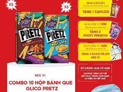 Combo 10 hộp happy set c bánh que nướng giòn mix 2 vị gà nướng và bắp glico pretz