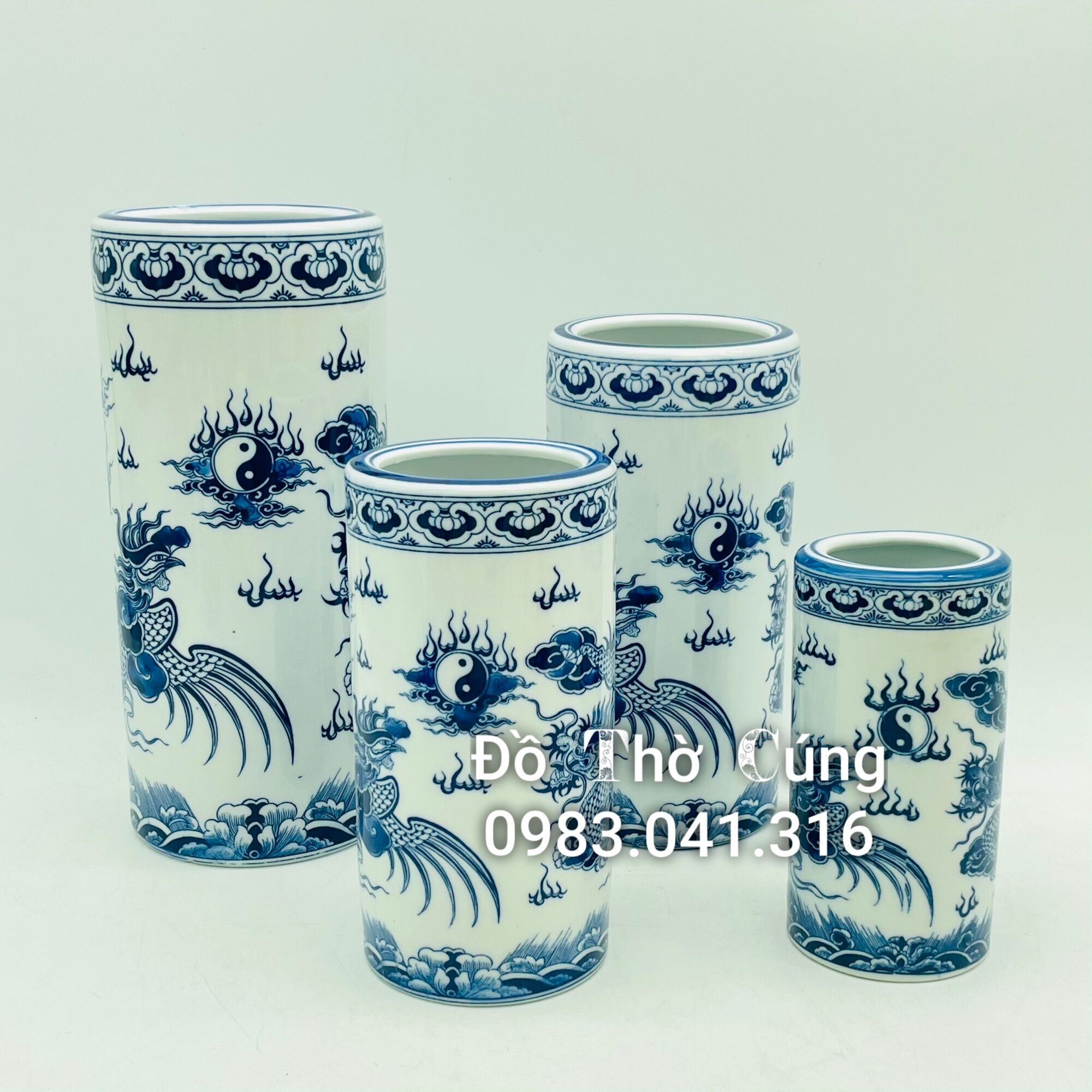 Ống đựng hương men lam vẽ rồng phượng