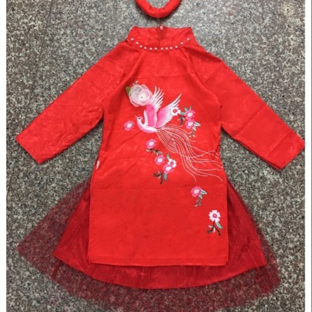 Áo dài cách tân kèm mấn mẫu chim hồng phượng cho bé gái 8-25kg