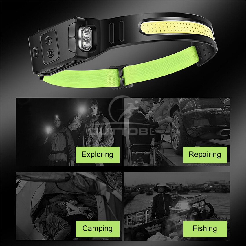 Outtobe Widened Silicone Headlights Headworn Intelligent Sensing LED Dual Light Source Widened COB Floodlight Red Warning Side Lights White+Yellow Outdoor Headlights