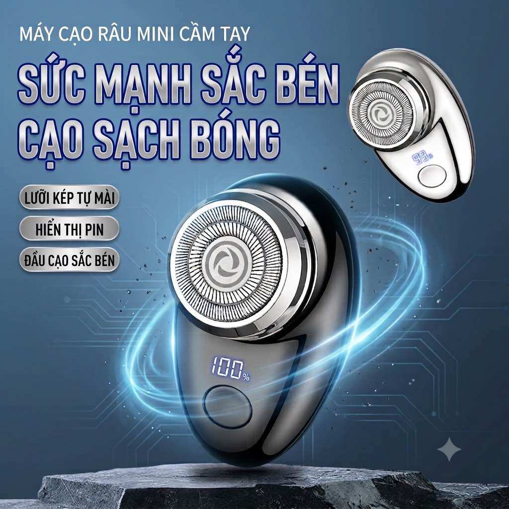 Máy Cạo Râu Điện Mini, Hiển Thị Pin, Lưỡi Kép Tự Mài, Sạc Nhanh Type-C.