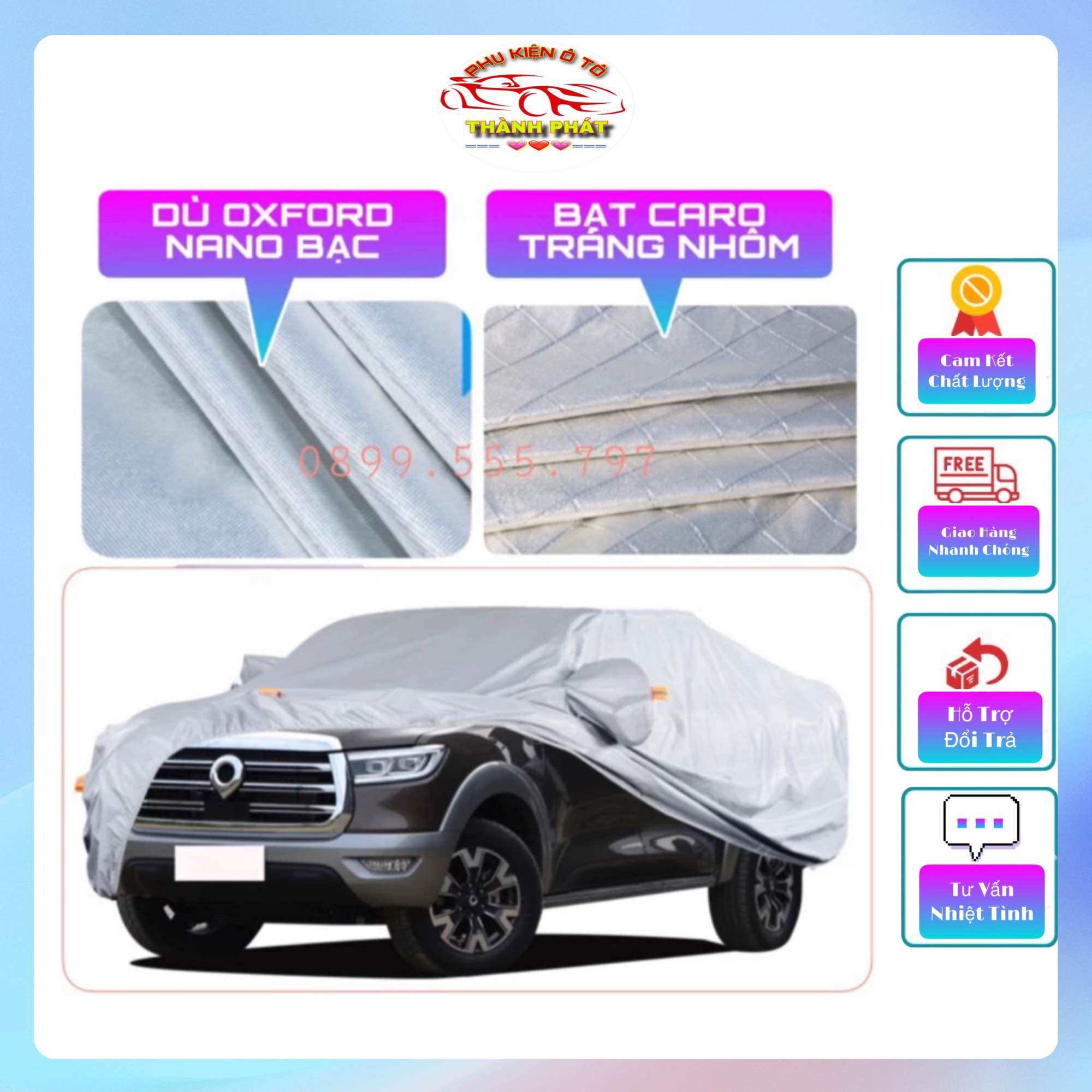Bạt trùm che ô tô bán tải vải dù Oxford nano bạc cao cấp - Áo phủ xe bán tải 3 lớp tráng nhôm chống nắng nóng chống xước chống mưa bảo vệ xe hiệu quả