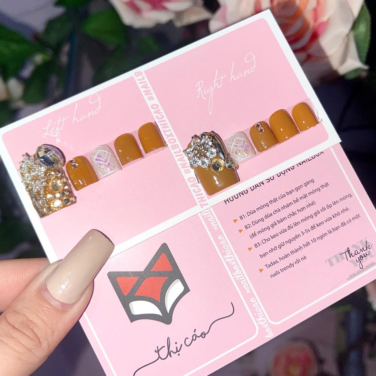 [Nails box] Móng chân giả đính đá nâu nhạt