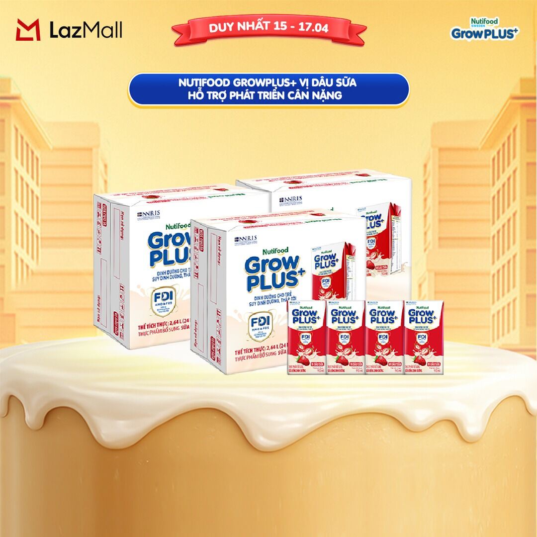 Combo 3 Thùng 24 hộp Sữa bột pha sẵn Nutifood GrowPLUS+ Vị Dâu Sữa hộp 110ml - Hỗ trợ phát triển cân nặng