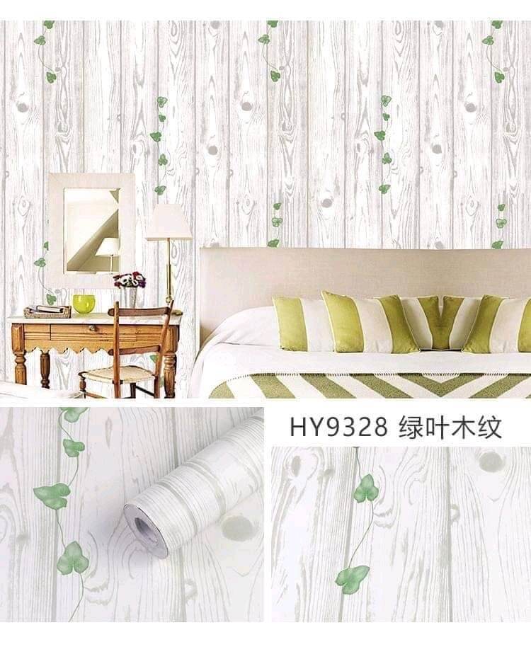 10 mét giấy dán tường có keo sẵn khổ rộng 45cm - mẫu VÁN GỖ VÀ CỎ BA LÁ
