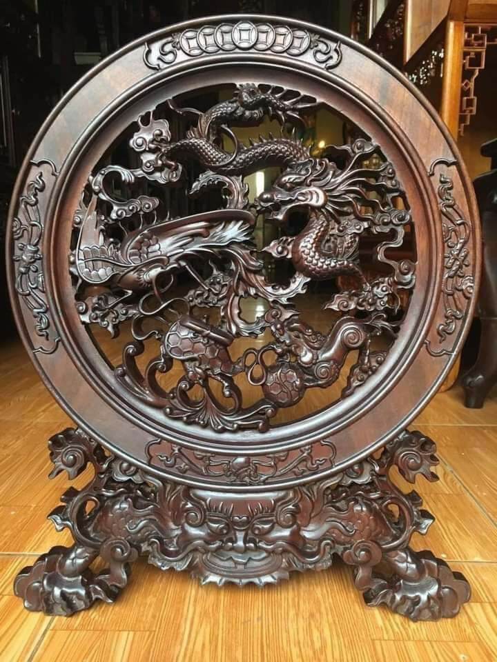 Đĩa tứ linh hội tụ 35x45cm gỗ gụ