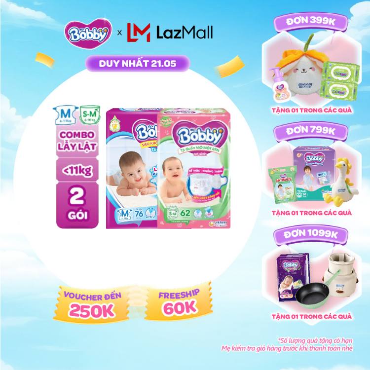 [SALE CUỐI THÁNG tặng QUÀ TO-SLCH][TẶNG MIẾNG NGẪU NHIÊN] Combo lẫy lật gồm 01 gói Tã dán Bobby M76 miếng và  01 gói Tã quần mở một bên S-M 62 miếng