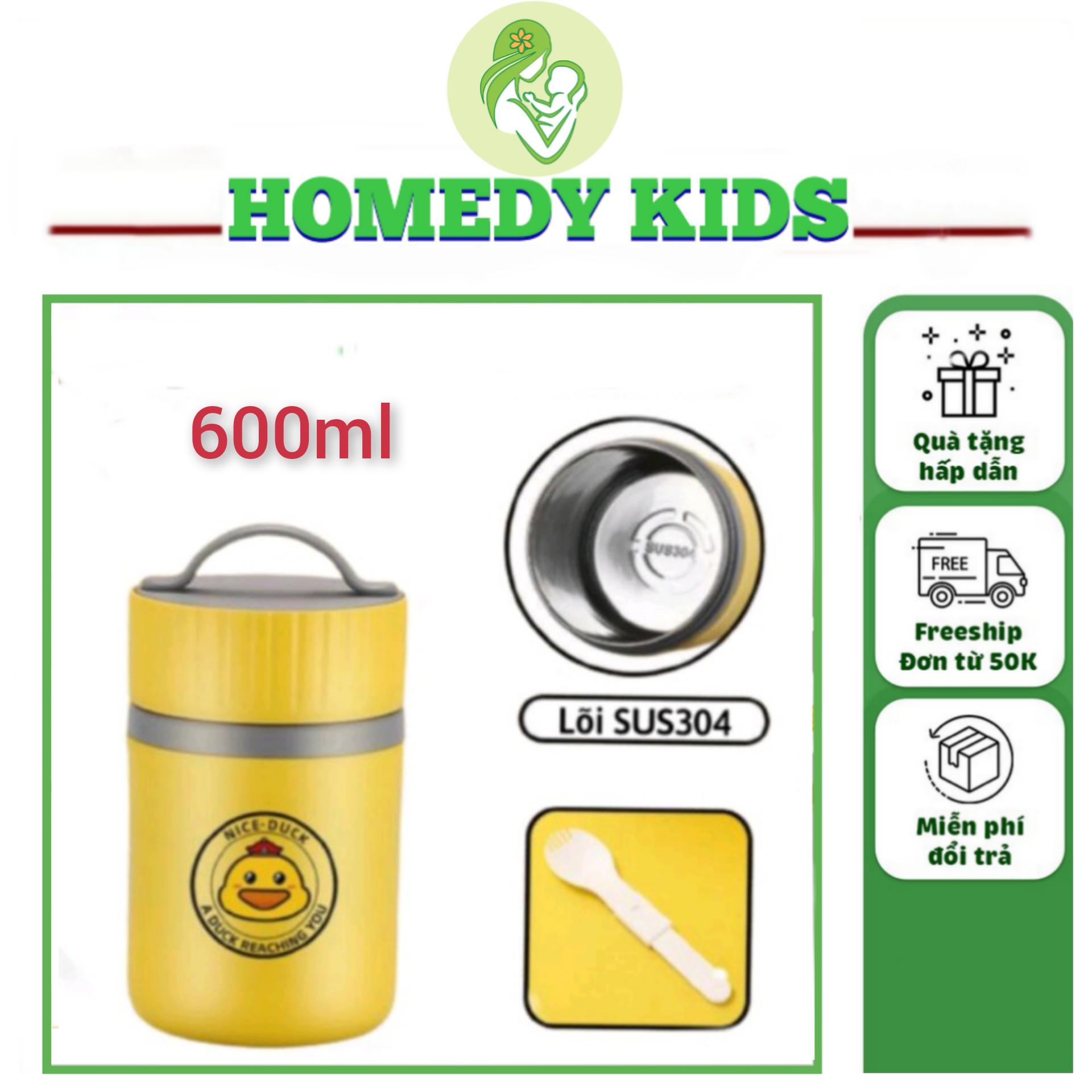 Ủ cháo vịt vàng lõi inox 304, loại lớn 600ml, tặng kèm muỗng, dùng ủ cháo cho bé, mang thức ăn đi học đi làm