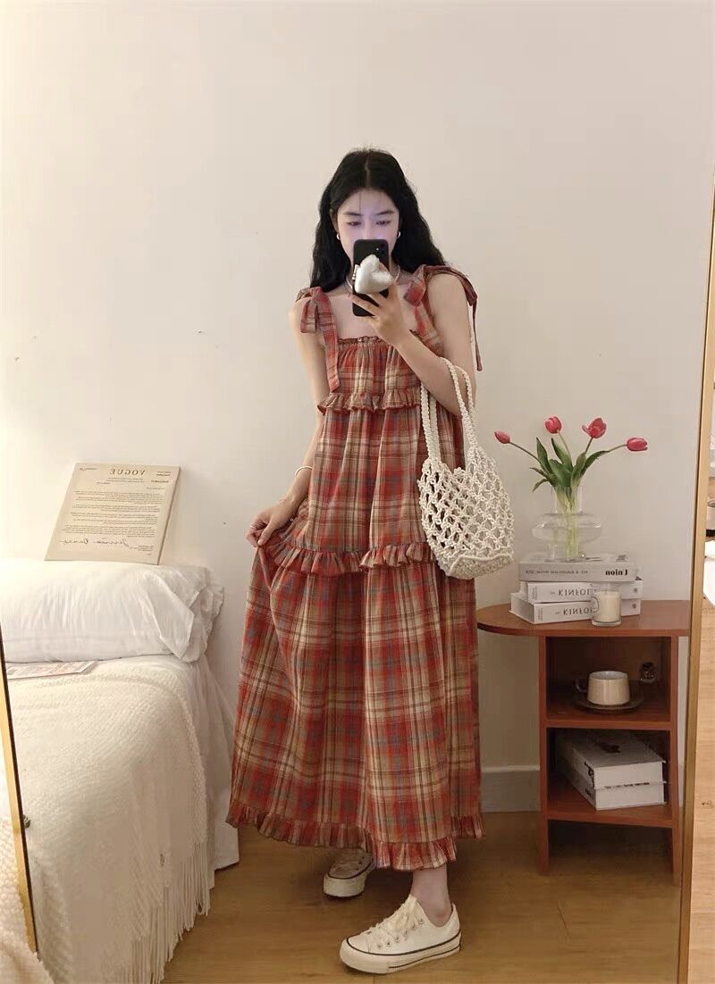 Đầm maxi caro cột nơ vai Ulzzang phối tầng đi chơi du lịch hàng chuẩn siêu xinh