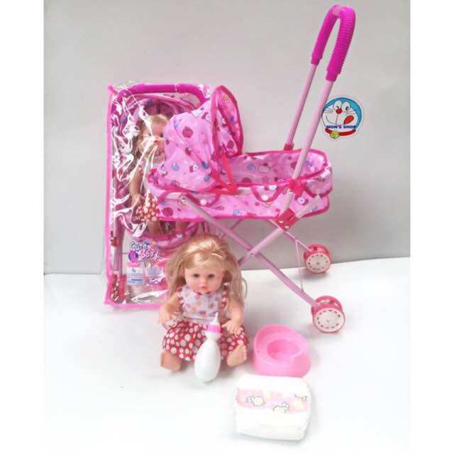 Combo xe đẩy và búp bê biết khóc, nói, cười, cùng phụ kiện bình sữa, bỉm, bô tè, màu hồng, kích thước cỡ đại