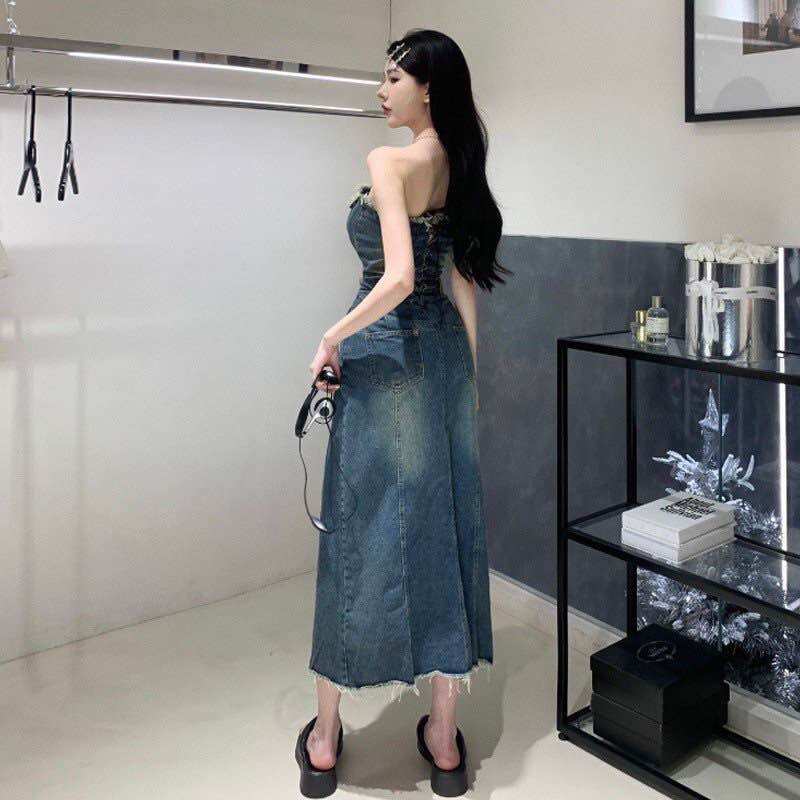 Đầm Jean ống đan dây lưng, Váy Bò xoè cá tính