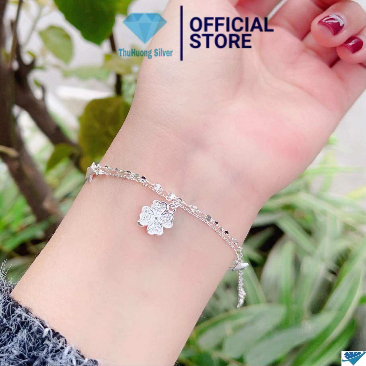 Lắc tay nữ cỏ 4 lá đôi may mắn đính đá chuẩn bạc ta - THU HUONG SILVER