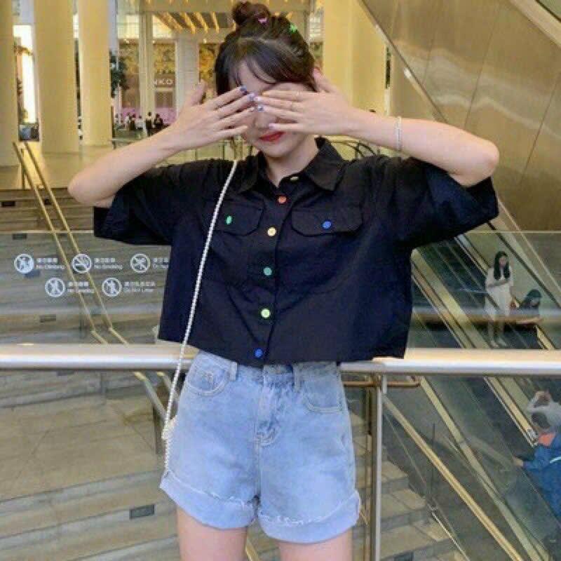 (Video thật) Áo Sơ Mi Croptop Cổ Bẻ Nút Màu Có Túi