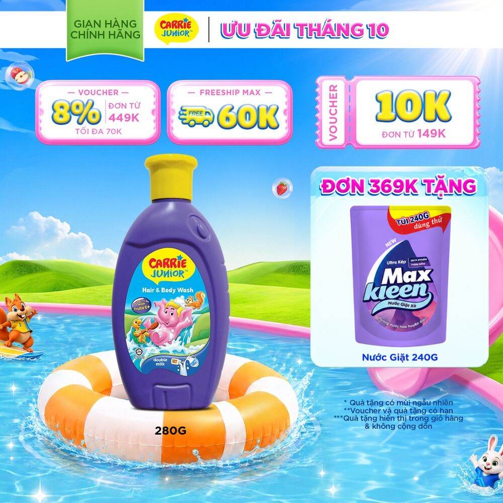 Sữa Tắm Gội cho bé Carrie Junior chiết xuất trái cây thiên nhiên Hương Tinh Chất Sữa 280g