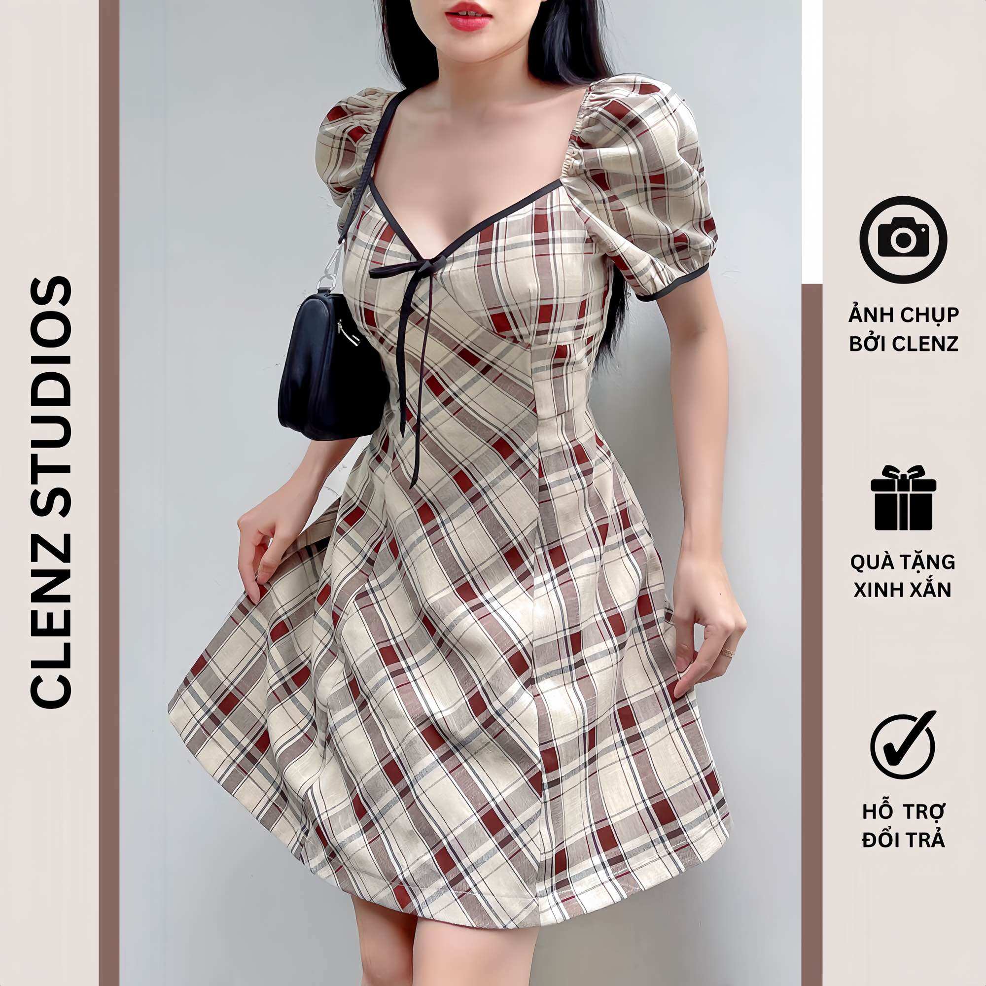 Đầm caro tay bồng dạo phố D10