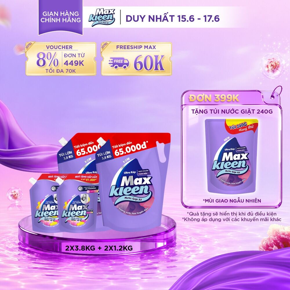 [Tặng túi 1kg2] Combo 2 Túi Nước Giặt Xả MaxKleen Hương Huyền Diệu 3.8kg