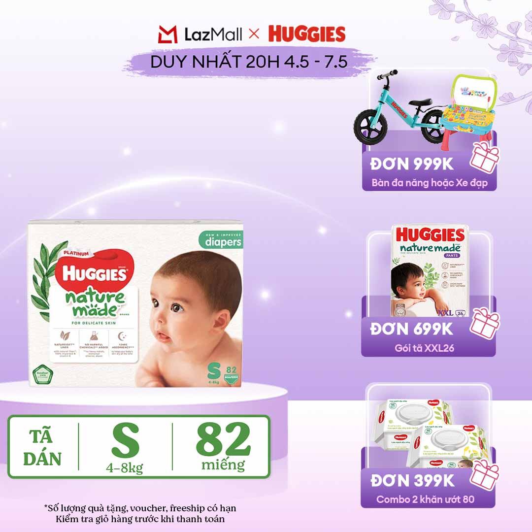 [CHỈ 20h 04-07.05 QUÀ TẶNG ĐƠN 399K](Mua 1 tặng 1) Tã/Bỉm dán sơ sinh Huggies Platinum NatureMade S82 (4-8kg)-Gói Super Jumbo 82 miếng