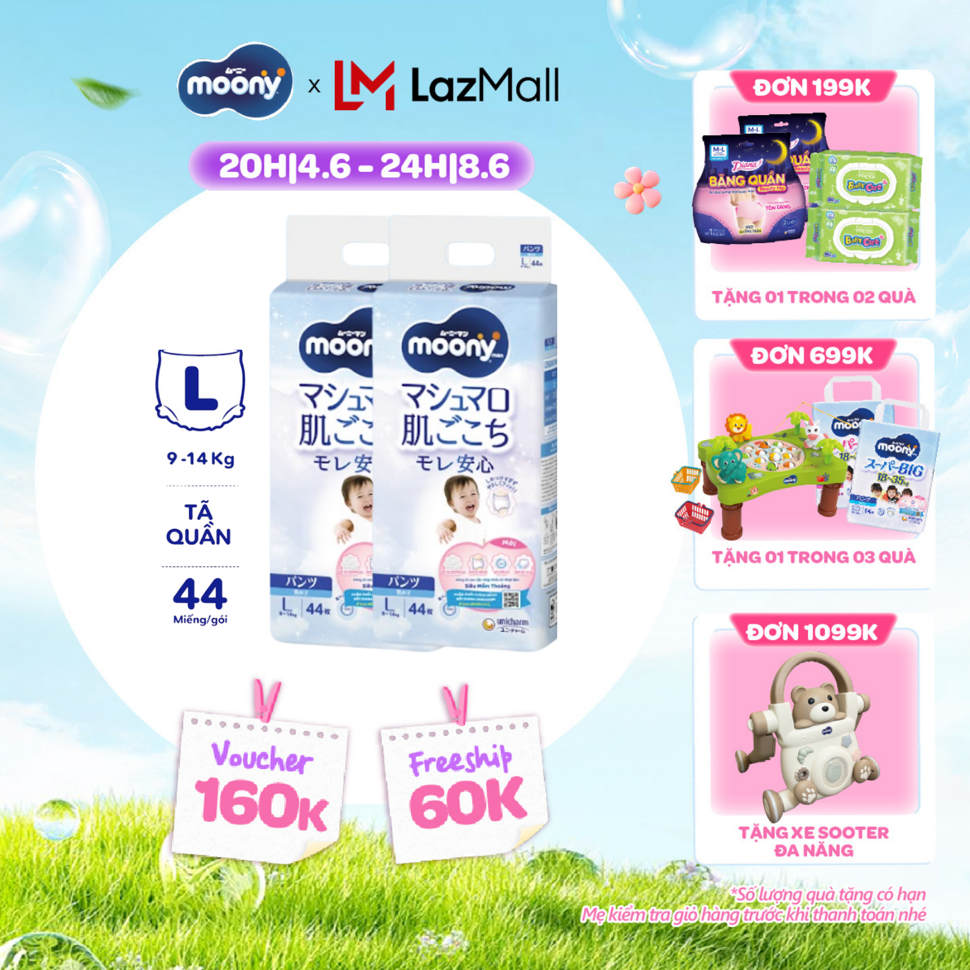 [QUÀ TẶNG HẤP DẪN TỪ 9-10.6] Combo 2 tã quần cao cấp Moony Bé Trai L44 miếng - Nhập khẩu từ Nhật Bản