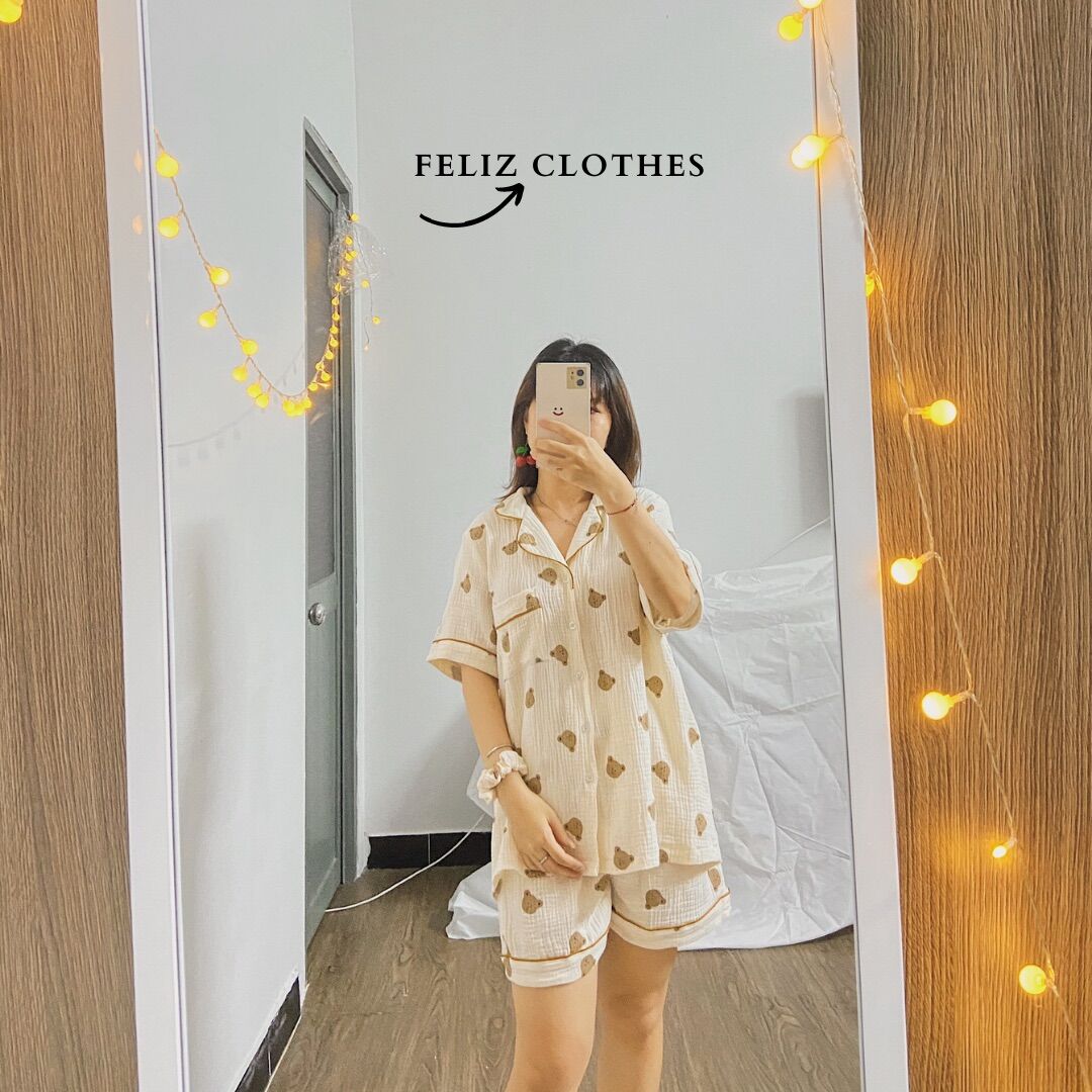 Pyjama xô muslin gấu cute (full bộ)