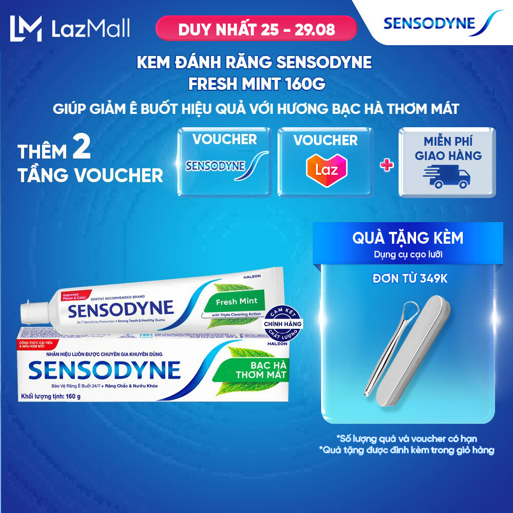 Kem đánh răng SENSODYNE Fresh Mint 160g giúp giảm ê buốt hiệu quả với hương bạc hà thơm mát