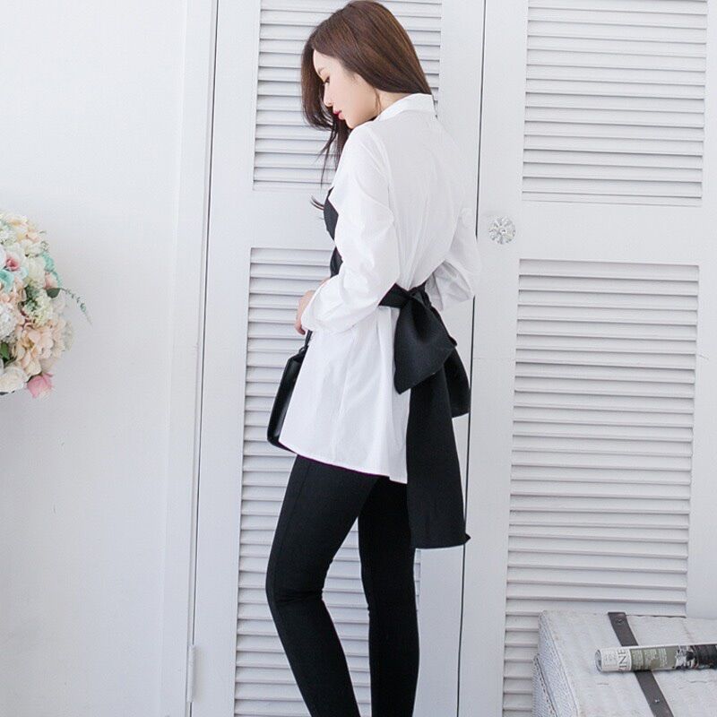 Áo sơ mi có phối dây đen quấn eo xinh t1