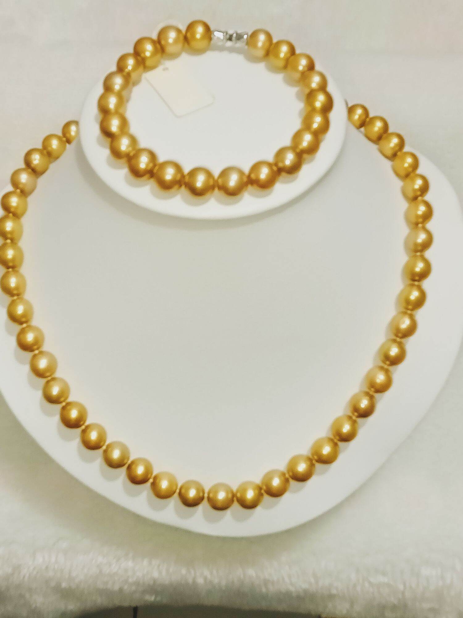 Chuỗi cổ & tay ngọc trai nuôi màu vàng 10mm