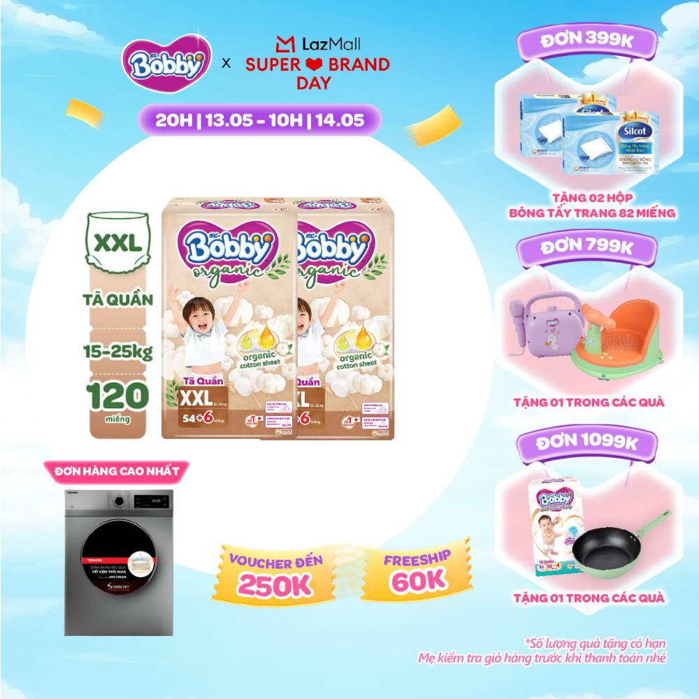 [CHỈ 20h 13.05 QT Đơn 899K/1199K][COMBO 2][TẶNG KÈM 6 MIẾNG] Tã quần cao cấp Bobby Organic chăm sóc dịu nhẹ từ thiên nhiên XXL54