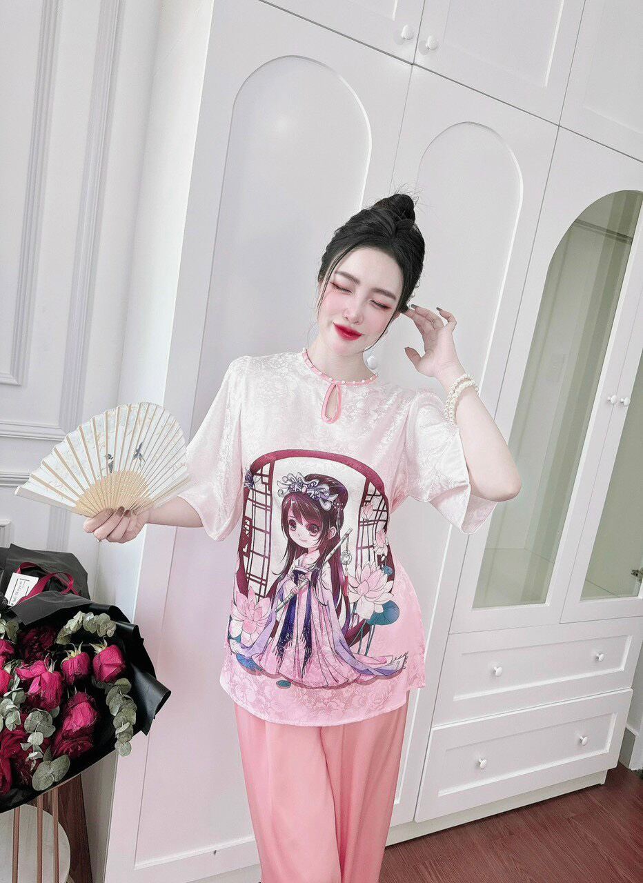 Bộ sét lam gấm 2 da phối quần lụa latin