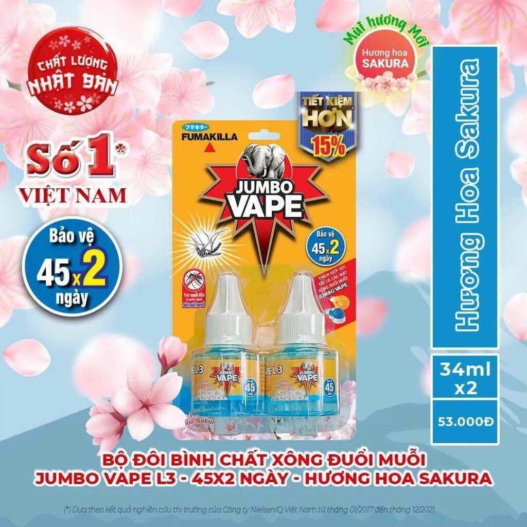Bộ đôi tinh dầu đuổi muỗi Jumbo Vape 2x34ml hương Sakura