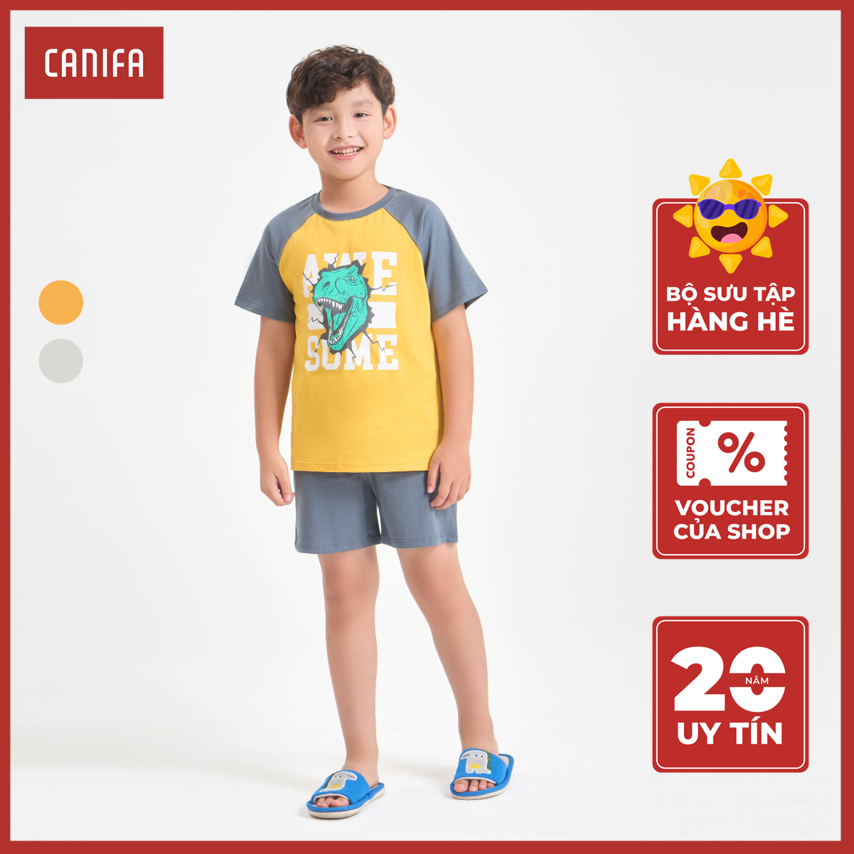 Bộ quần áo bé trai canifa mặc nhà cotton cộc tay quần soóc có hình in 2ls24s008