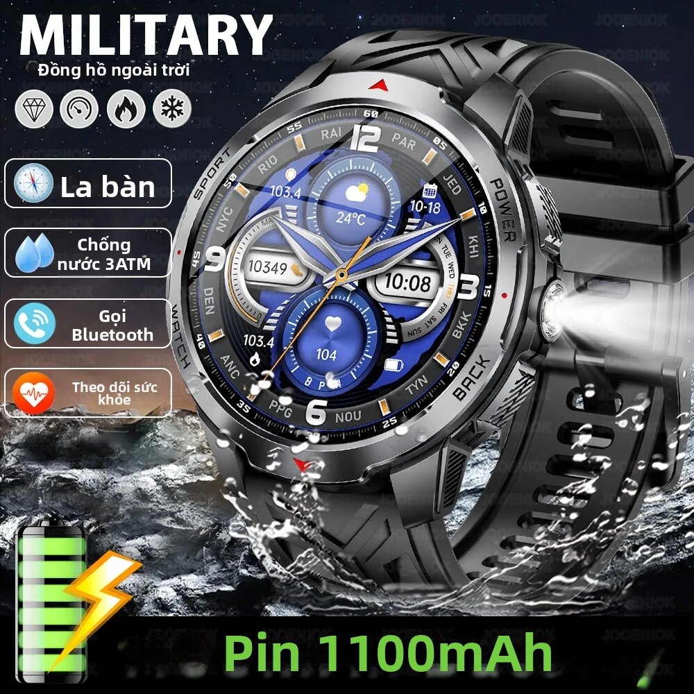 Đồng Hồ Thông Minh Ngoài Trời Quân Sự 1100mAh Dành Cho Nam Màn Hình AMOLED 1,7 Inch Đồng Hồ Thể Thao La Bàn IP68 Cuộc Gọi Bluetooth Chống Nước Tương Thích Với Android iOS