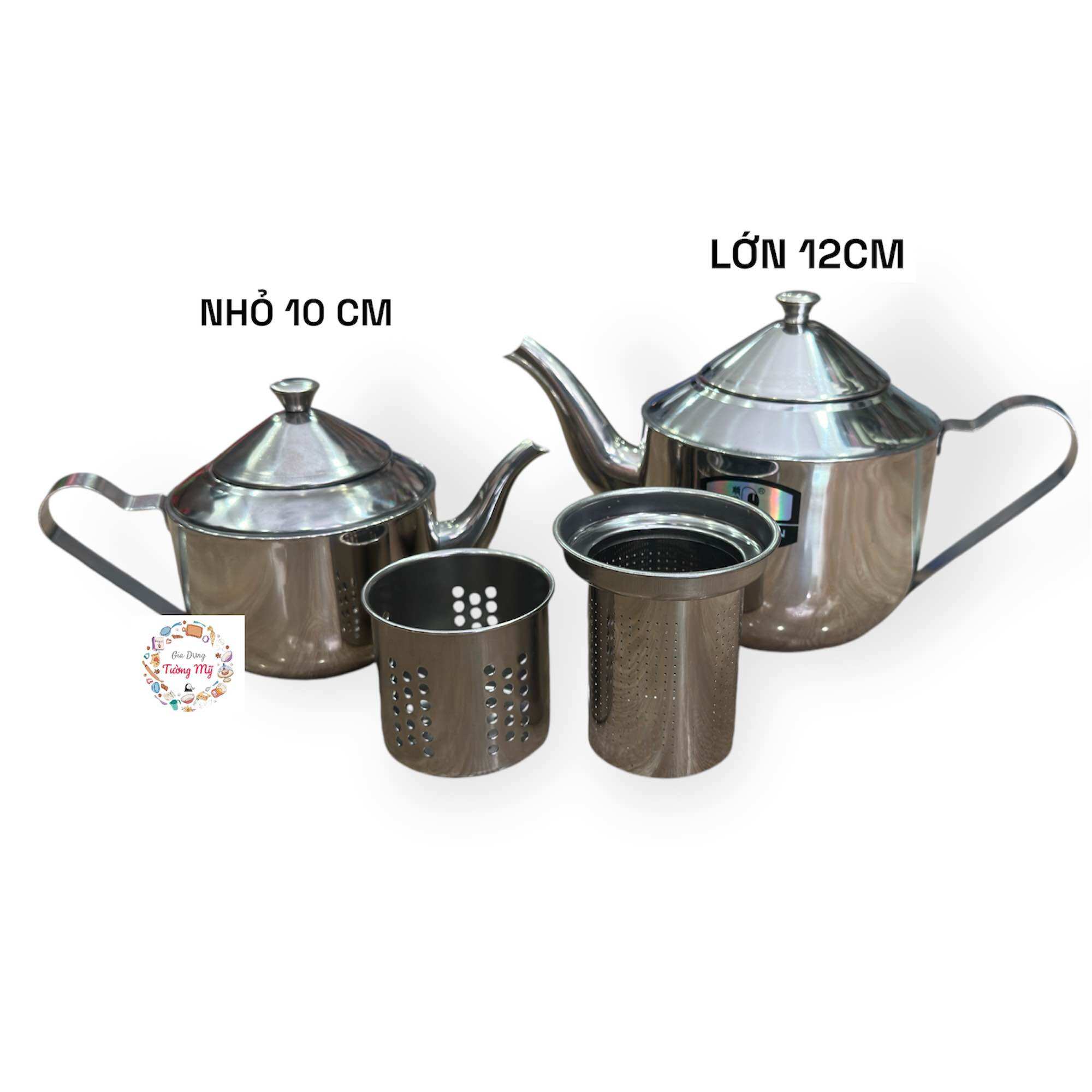 Ấm Trà Inox, Bình Pha Trà Inox Có Giỏ Lược Size 10 - 11 - 12Cm