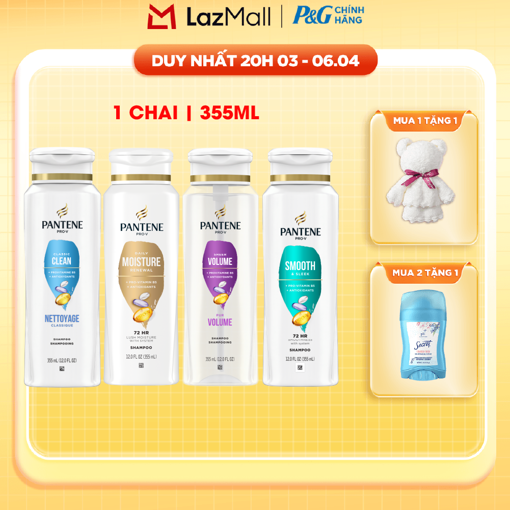 Dầu Gội PANTENE Nhập Khẩu Mỹ Hương Smooth  Sleek/ Moisture Renewal/ Smooth  Sleek/ Sheer Volume Chai 355ML