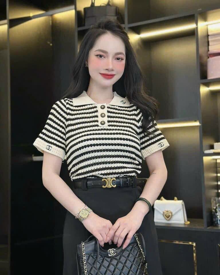 Áo len kẻ ngang cổ bẻ tay ngắn