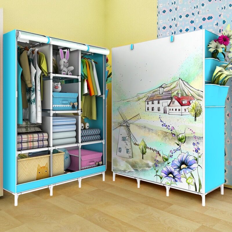 Tủ quần áo vải 3D 3 buồng 8 ngăn khung sắt