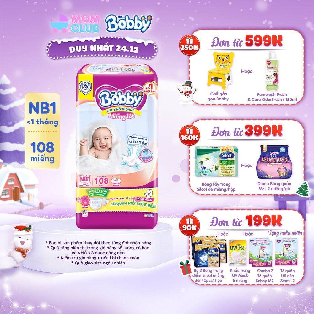 Miếng lót sơ sinh Bobby Newborn NB1 - 108 miếng - Siêu thấm khô thoáng (Tặng thêm 6 miếng Tã Quần Mở