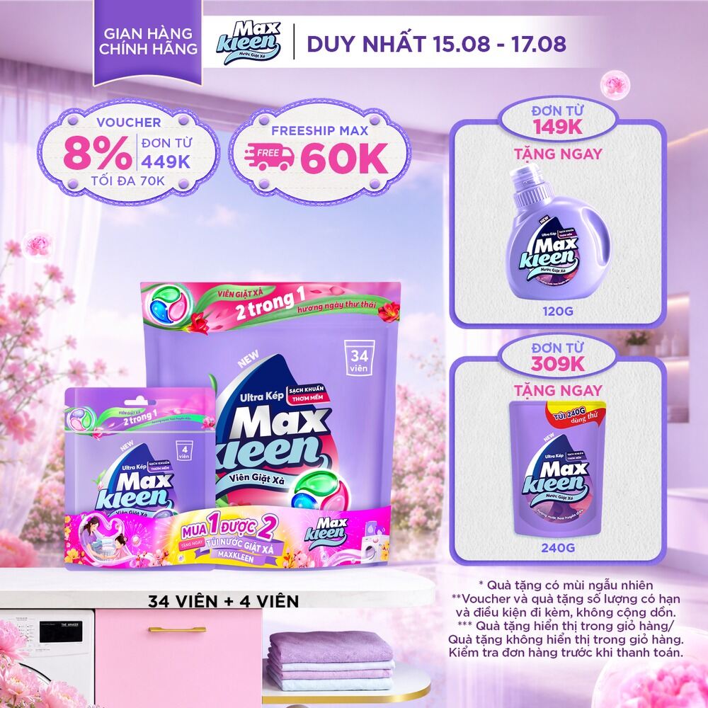 [TĂNG 4 VIÊN, GIÁ KHÔNG ĐỔI] Túi Viên Giặt Xả MaxKleen Huyền diệu/ Ngày Thư thái/ Dấu ấn ngọt ngào (34 viên/ túi)