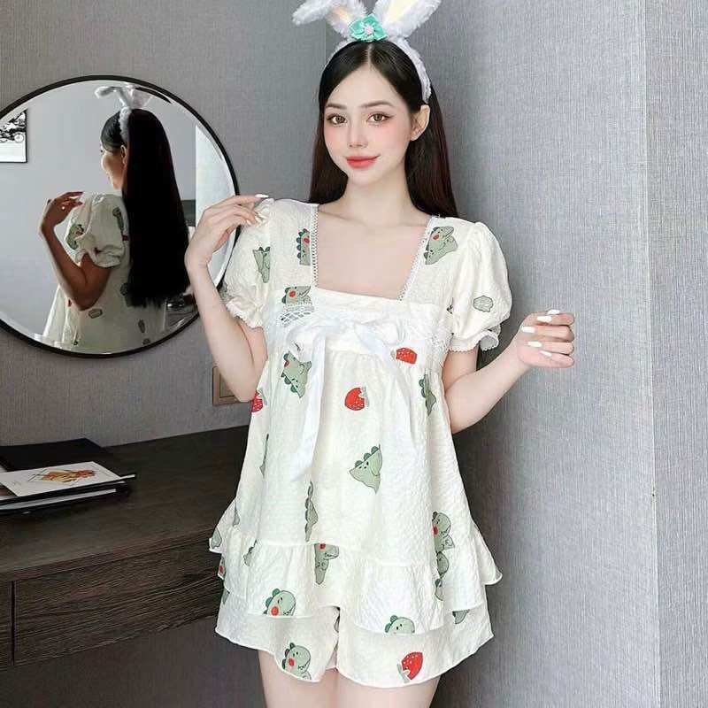 Đồ bộ tiểu thư phối ren chất cotton mềm mặc nhà mát form 40-60kg