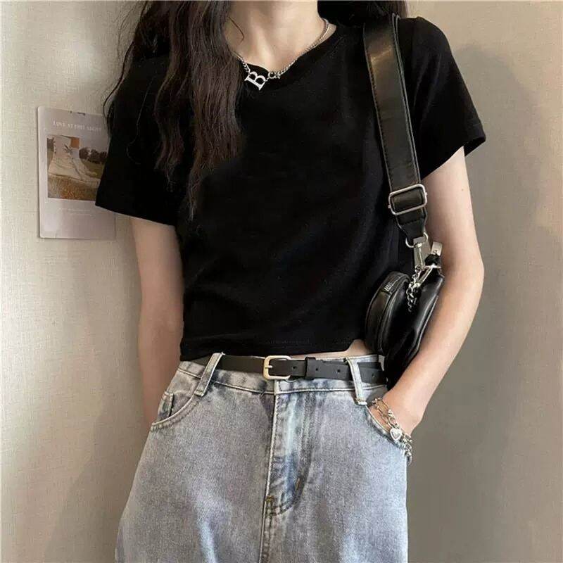 Áo Thun Tay Ngắn Màu Trơn Cỡ Nhỏ Mùa Hè Mới in Họa Tiết Trắng Cổ Tròn Dáng Ôm Cotton 100%