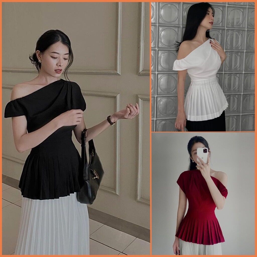 Áo kiểu nữ lệch vai. Áo peplum tay bồng tiểu thư