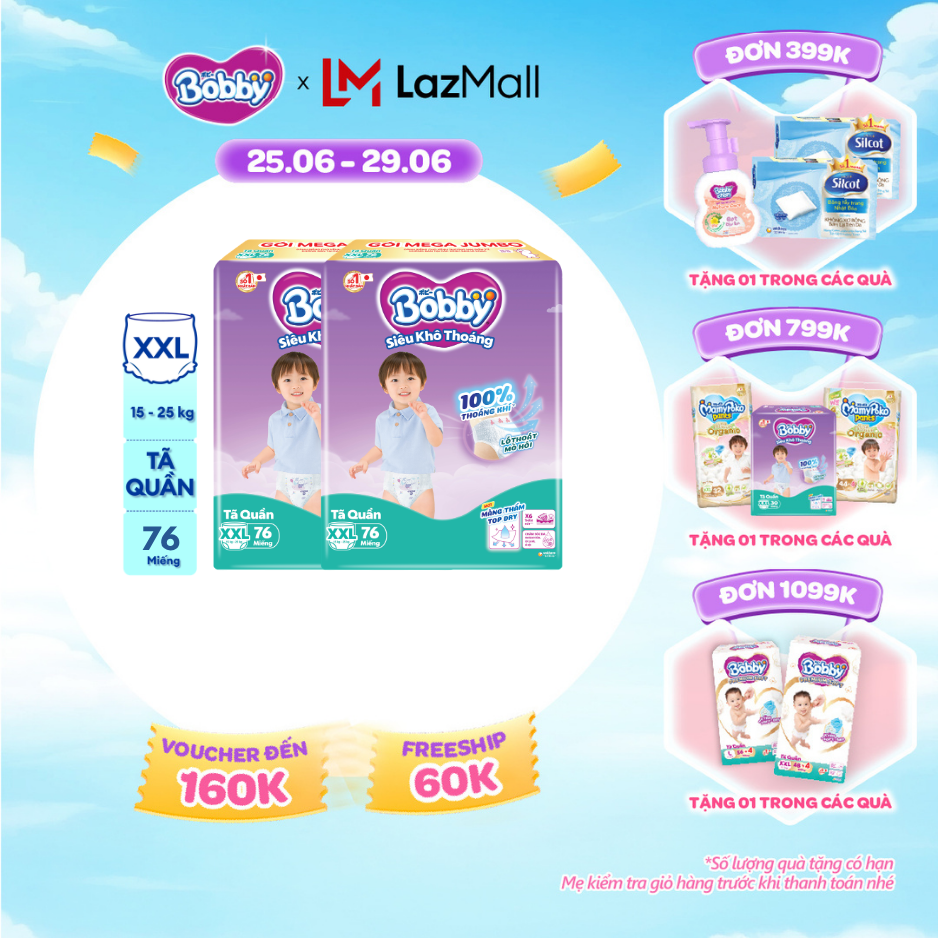 [SALE CUỐI THÁNG tặng QUÀ TO-SLCH] Combo 2 Tã/bỉm quần Bobby 3mm Mega Jumbo Siêu khô thoáng XXL76 [Bao bì thay đổi theo từng đợt nhập hàng]
