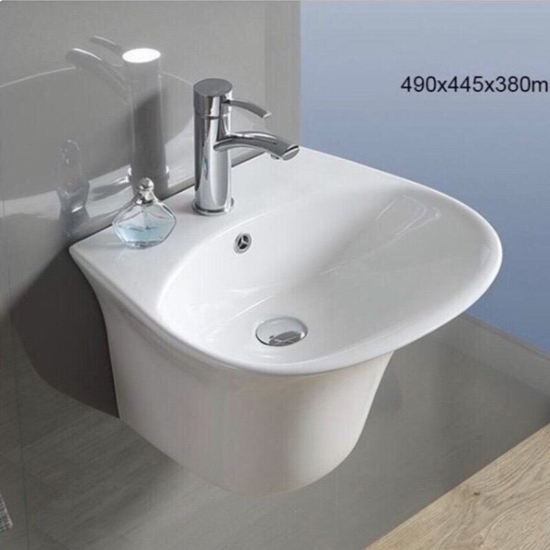 Chậu rửa mặt treo tường đúc liền chân bộ lavabo sứ rửa mặt liền khối có phụ kiện tắc kê treo chắc ch