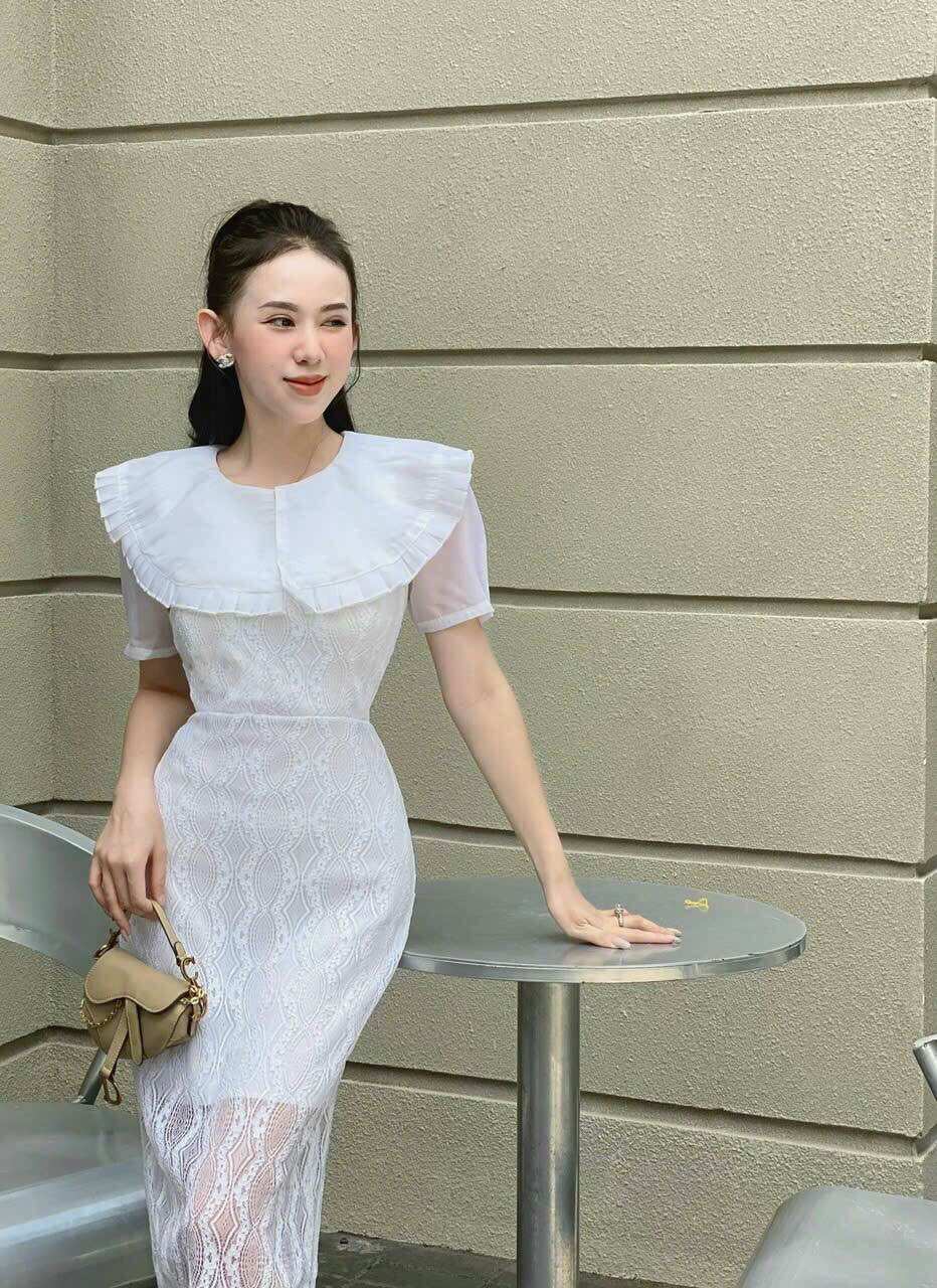 Đầm ren dự tiệc cổ bèo,váy ren dự tiệc( ảnh mẫu mặc thật)
