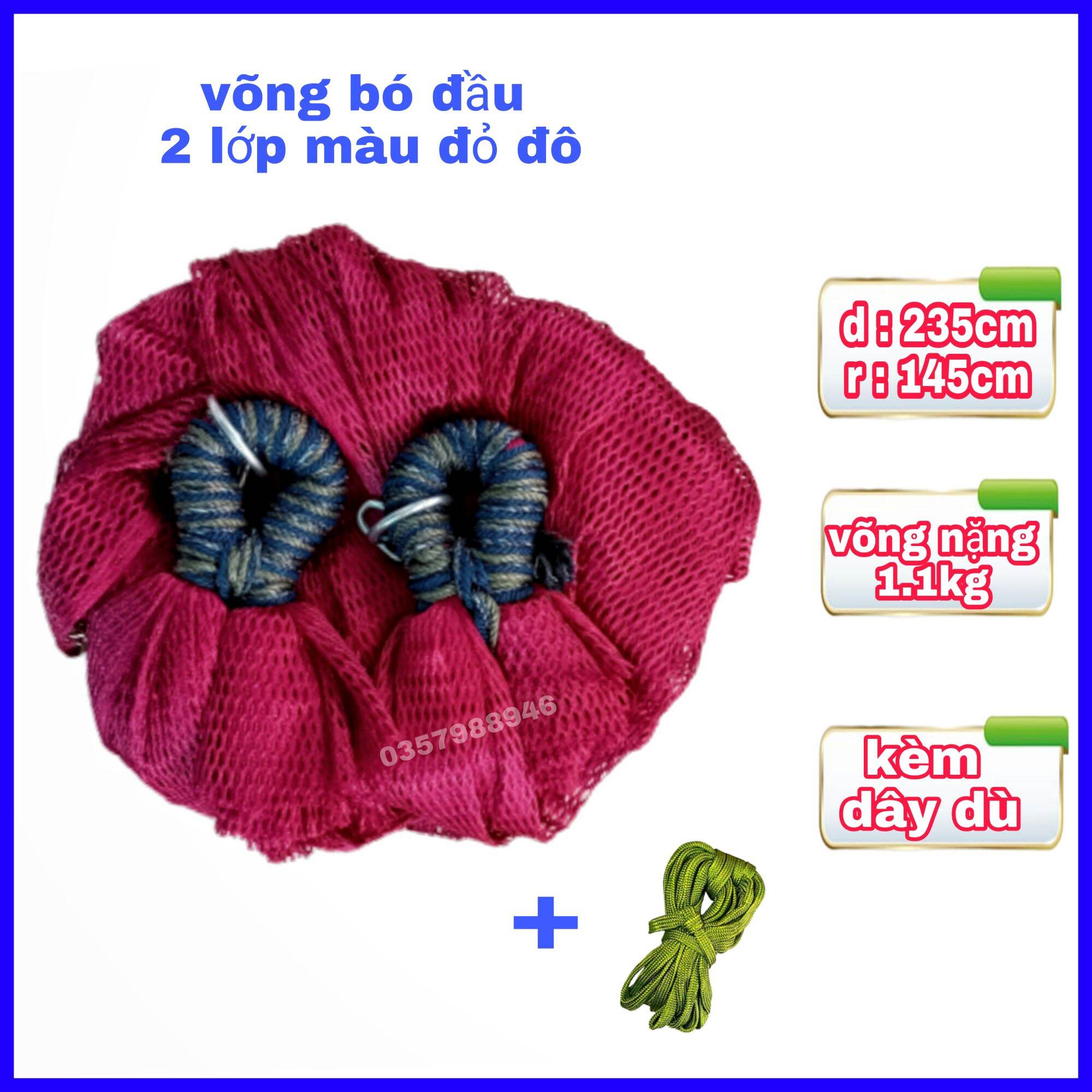 Võng lưới 2 lớp bó đầu dài 2m45 cao cấp màu đỏ đô kèm 5 mét dây dù bảng to - Lưới võng quấn đầu size lớn