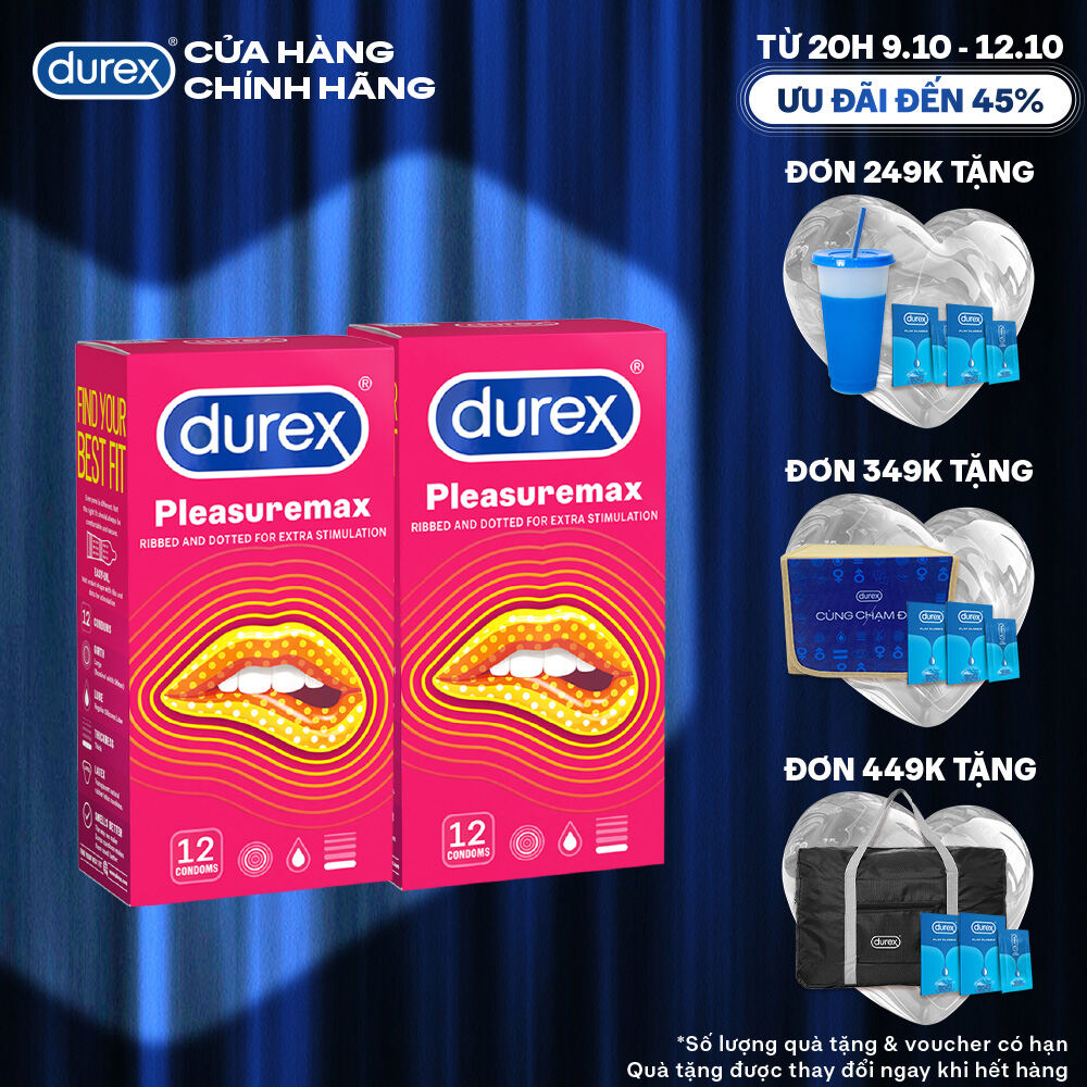 [TỪ 20H | 9-12.10 VOUCHER GIẢM THÊM 8%] Bộ 2 hộp bao cao su Durex Pleasuremax gân gai, size 56mm, 12 bao/hộp