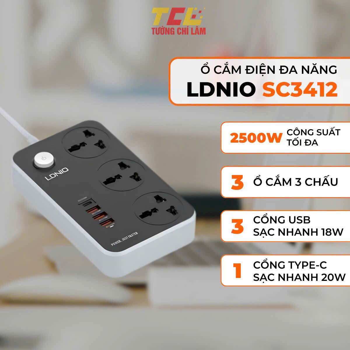 Ổ cắm điện đa năng 7 in 1 ldnio sc3412 hỗ trợ sạc nhanh 38w - hotphukien phân phối